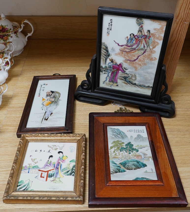 Four framed Chinese famille rose plaques, largest 25.5 x 17cm. Condition - fair to good
